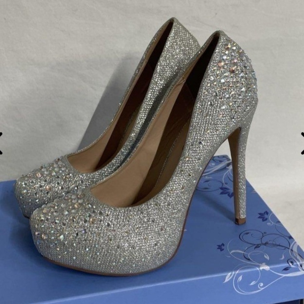 Fabulicious Destiny-06R Silver Glitter Rhinestone Platform Stiletto Pumps Size 8